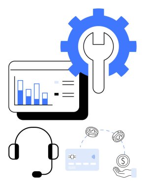 Grafik, vites, anahtar, kulaklık ve finansal işlem simgeleriyle. İş yönetimi için ideal, teknik destek, finans, yenilik, müşteri hizmetleri stratejisi. Çizgi