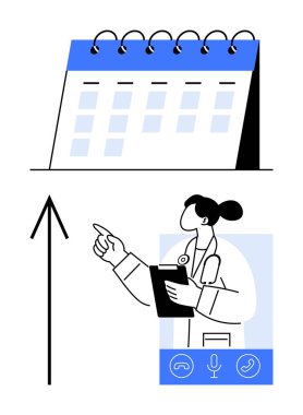 Kadın doktor işaret ediyor, pano tutuyor, sanal danışma simgeleri, takvim ve büyüme oku. Teletıp, sağlık programı, uzaktan danışma, verimlilik tıbbi hizmetleri için ideal