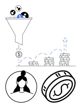 Potansiyel müşterilerle bir dolar işaretine filtrelenmiş bir huni, para yığınları kademeli olarak artıyor, bir dolar para ve bir kullanıcı profili. Pazarlama, satış, iş büyümesi, finans ve strateji için ideal
