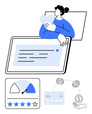 Büyük bir tabletin üzerinde bir kalp ikonu tutan bir kadın. Tatmin göstergesi, kredi kartı, bozuk para ve derecelendirme dahil. Müşteri değerlendirmeleri, finans uygulamaları, geribildirim, çevrimiçi işlemler için ideal