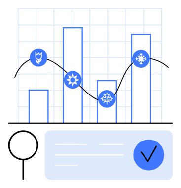 Çiçek, güneş ve kar tanesi simgelerini kullanarak mevsimsel veri eğilimlerini gösteren çizgi grafiği. Hava tahminleri, mevsimsel satışlar, iklim çalışmaları, veri analizleri, sunumlar için ideal