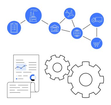 Fabrika, uçak, kamyon, depo, dünya ve alışveriş arabasını gösteren ikonlar. Lojistik, tedarik zinciri taşımacılığı, analitik sanayi ve işlem yönetimi için idealdir. Çizgi