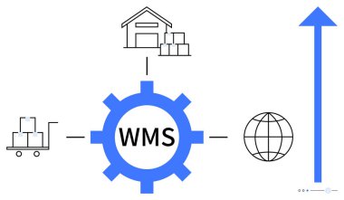 Depoyu bağlayan WMS teçhizatı, kutuları ve küreyi birleştiren el arabası, entegre tedarik zinciri yönetimini gösteriyor. Lojistik, tedarik zinciri, depolama, envanter kontrolü, dağıtım süreci için ideal