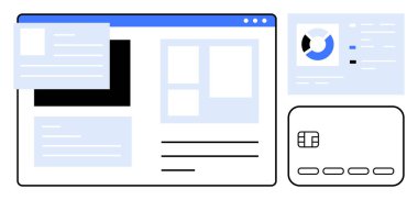 Pasta grafiği ve analizlerin yanında metin kutuları, resimler ve kredi kartı içeren web sitesi düzeni. Web tasarımı için ideal, finans teknolojisi, çevrimiçi ödemeler, kullanıcı arayüzü, veri analizi, dijital pazarlama