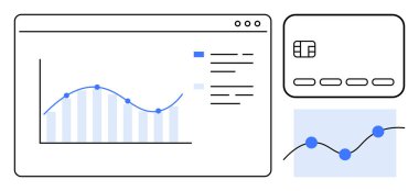 Bilgisayar ekranında, kredi kartında ve küçük grafikte grafiksel veri analizi. Finans, iş analizleri, fintech, bankacılık, veri görselleştirme piyasa araştırma yatırımı için idealdir. Satır metaforu