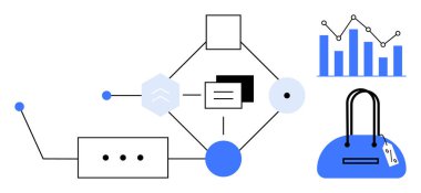 Flowchart with interconnected shapes, bar graph, and purse. Ideal for business processes, data management, e-commerce, project planning, financial analysis, technology workflows visual clipart