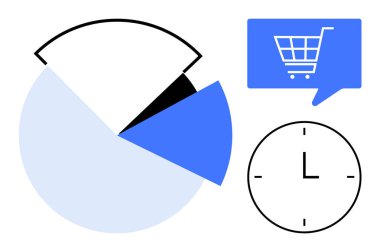 Mavi, siyah ve beyaz segmentli turta çizelgesi, mavi konuşma balonu, alışveriş arabası, siyah elli minimalist saat. İş stratejisi, zaman verimliliği, e-ticaret, veri analizi için ideal