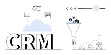 Bulut, bulmaca parçası, bar çizelgesi ve takvim simgeleriyle CRM metni. Verileri dolar işaretine ve para yığınlarına filtreleme hunisi. Müşteri ilişkileri yönetimi, satış stratejisi, veri