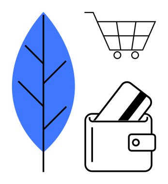 Mavi yaprak, kablosuz alışveriş arabası ve kredi kartı, sürdürülebilirlik, çevre bilinci, e-ticaret, finans ve alışveriş temalarını gösteren cüzdan. E-ticaret ve çevre dostu girişimler için ideal.