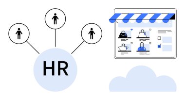 HR circle connecting three person icons, online shopping website with product listings, blue and white theme. Ideal for HR processes, e-commerce, team management, online shopping, digital marketing clipart