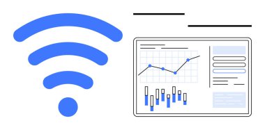 veri tableti ve grafiklerini gösteren bir tabletin yanında kablosuz sinyal simgesi. Teknoloji, iletişim, veri analizi, iş sunumları, kablosuz ağlar, dijital bağlantı, internet için ideal