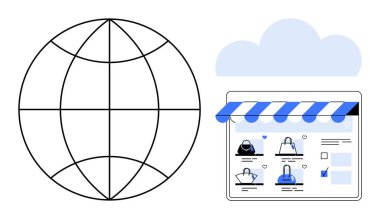 Şebeke çizgileri olan dünya ana hatları, mavi ve beyaz çevrimiçi mağazalar, yukarıdaki bulut simgesi. E-ticaret, İnternet alışverişi, küresel pazar, bulut hizmetleri, çevrimiçi mağazalar, web işi teknolojisi için ideal