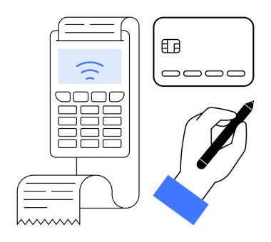 Kâğıt makbuzlu ödeme terminali, kredi kartı ve el ele tutuşarak kalem imzalama. Bankacılık, perakende, finans, e-ticaret, teknoloji, iş alışverişi için ideal. Satır metaforu