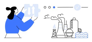 Sanayi fabrikasının yanındaki bacalı oklarla yapboz parçası tutan bir kadın. Problem çözme, endüstri, imalat, takım çalışması, strateji, yenilik ve teknoloji için idealdir. Satır metaforu