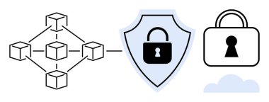 Kilit simgesi ve kilitli bir bulut ile bir kalkana bağlanan blok zinciri ağı. Siber güvenlik, veri koruması, engelleme teknolojisi, bulut güvenliği, ağ güvenliği, çevrimiçi mahremiyet için ideal