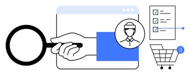 El ele tutuşan büyüteç kullanıcı profilli bir tarayıcı penceresini inceliyor. Kontrol işaretli listeyi, tebligatlı alışveriş arabasını içerir. Arama, kullanıcı analizi ve çevrimiçi alışveriş için ideal