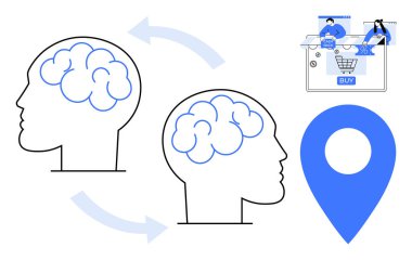 İnsan beyni oklarla birbirine bağlanmış, fikir alışverişini gösteriyor. E-ticaret için alışveriş arabalı tablet, konum için harita pin simgesi. İş için ideal, beyin fırtınası, e-ticaret, pazarlama