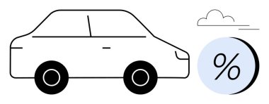 Arabanın ana hatları, bulutların altında yüzde işareti olan bir arabanın yanında. Otomotiv, finans, satış, sigorta, pazarlama, istatistik, çevre konuları için ideal. Satır metaforu