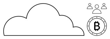 Bitcoin sembollü bulut grafiği ve engelleme teknolojisini ve dijital bağlantıyı temsil eden kullanıcı simgeleri. Teknoloji, finans, kripto para birimi, bulut depolama, dijital pazarlama, ağ oluşturma için ideal