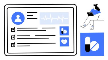 Kullanıcı profili, kontrol listeleri ve sağlık simgeleriyle dijital tıbbi kayıtları gösteren tablet. Dizüstü bilgisayarı olan bir kadın. TeleHealth, hasta yönetimi, elektronik sağlık kayıtları, tıbbi