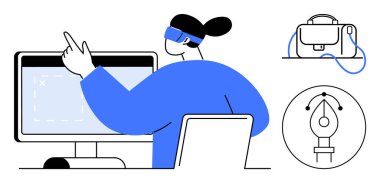 Masada grafik tasarımcısı bilgisayar ekranını, kalem araç simgesini ve çantayı işaret ediyor. Tasarım, teknoloji, iş, yaratıcılık, dijital sanat, serbest çalışma ve ofis temaları için ideal. Satır metaforu