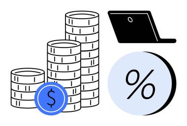 Yığınla bozuk para, mavi dolar sembolü, dizüstü bilgisayar ve yüzde işareti. Finans, yatırım, tasarruf, iş büyümesi, faiz oranları, ekonomik analiz ve mali eğitim için ideal. Satır metaforu