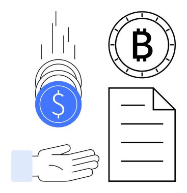 Dolar işaretli, Bitcoin sembollü ve dökümanlı bozuk paralara uzanan el. Finans, yatırım, kripto para birimi, işlemler, engelleme zinciri, finans teknolojisi ve ekonomik çalışmalar için ideal