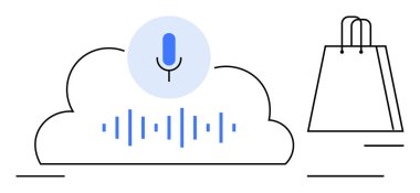 Ses komutlarını temsil eden mikrofonlu ve ses dalgalı bulutlar. Alışveriş çantası e-ticareti sembolize eder. Teknoloji, iletişim, perakende, yenilik, e-ticaret, yapay zeka ve otomasyon temaları için ideal