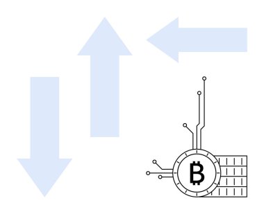 Oklar devre çizgileri olan dijital bir bitcoin sembolünün yanında farklı yönleri gösteriyor. Kripto para birimi, engelleme zinciri, dijital finans, teknoloji trendleri, ekonomik dalgalanmalar için idealdir. Temiz
