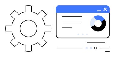 Pasta çizelgesi ve metin satırları içeren gösterge panelinin yanındaki vites sembolü. Veri analizi, sistem ayarları, teknik destek, iş akışı optimizasyonu, analizler, teknik arayüzler için ideal