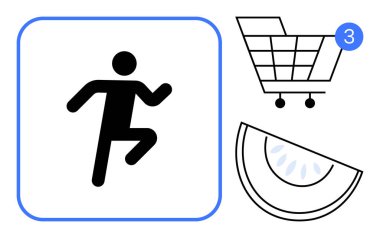 Koşan figür, bilgilendirme balonlu alışveriş arabası, ve karpuz dilimi renklendirme, alışveriş verimliliği, ve sağlıklı yaşam. Fitness, e-ticaret, sağlık, yaşam tarzı için ideal