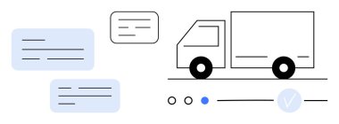 Kamyon, üç diyalog baloncuğu ve ilerleme göstergesi ile ilerliyor. Lojistik, dağıtım hizmetleri, iletişim, uygulama arayüzleri, iş akışı süreçleri, proje yönetimi için ideal. Satır metaforu