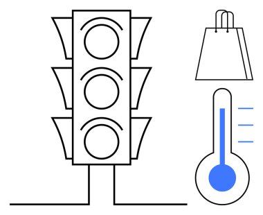 Traffic light with three unlit circles, shopping bag icon, and thermometer with blue marking. Ideal for urban planning, commerce, safety education, environmental awareness, digital applications clipart