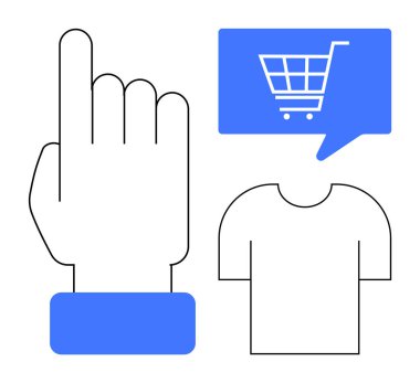 El işareti, mavi konuşma balonunda alışveriş arabası ve tişört taslağı. E-ticaret, çevrimiçi perakende, dijital mağazalar, pazarlama, kullanıcı arayüzü tasarımı, mobil alışveriş, web geliştirme için ideal. Çizgi
