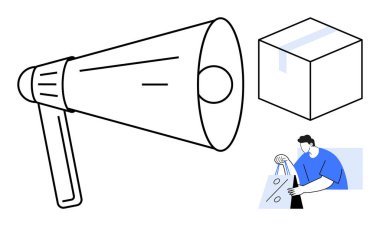 Megafon, paket kutusu ve alışveriş çantası taşıyan kişi. Pazarlama, reklam, e-ticaret, iletişim, dağıtım hizmetleri çevrimiçi alışveriş için ideal. Satır metaforu