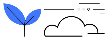 Üzerinde çizgiler ve noktalar olan minimalist bulut simgesinin yanında mavi yapraklar filizlenir. Bu da bağlantı, büyüme, bulut teknolojisi ve yenilik demektir. Teknoloji, sürdürülebilirlik, ağ oluşturma, büyüme stratejileri ve veriler için ideal