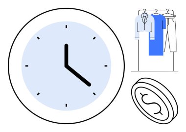 Askıda elbise ve bozuk para olan büyük bir saat. Zaman yönetimi, finansal planlama, planlama, bütçe, maliyet, iş hayatı dengesi, verimlilik için ideal. Satır metaforu