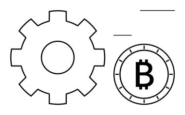 Bitcoin sembolünün yanında büyük vites. Teknoloji, kripto para birimi, engelleme zinciri, dijital finans, fintech endüstrisi, yenilik, otomasyon için ideal. Satır metaforu