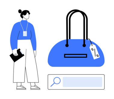 Pano tutan bir kadın, üzerinde fiyat etiketi olan bir el çantasının yanında duruyor, arama çubuğu aşağıda. E-ticaret, çevrimiçi alışveriş, moda perakende, ürün araması, fiyat karşılaştırması, tüketici alışkanlıkları için ideal