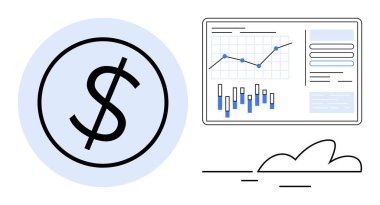 Çember içinde dolar işareti, finansal grafik ve bulut sembolü. Mali analiz, iş stratejisi, ekonomik tahminler, mali raporlar, borsa, stratejik planlama, veri