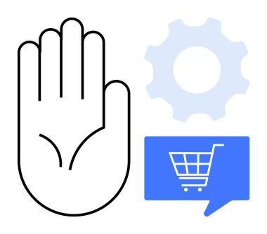 Bir çark ve bir alışveriş arabası mesaj sembolüne bitişik el simgesi. İş süreçleri, çevrimiçi alışveriş, müşteri hizmetleri, teknoloji entegrasyonu, iş akışı yönetimi, proje planlaması için ideal