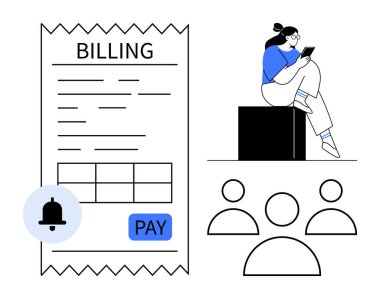 Kadın fatura belgesi, ödeme düğmesi, uyarı zili ve kullanıcı simgeleri yakınlarındaki tableti kontrol ediyor. Finans, e-fatura, cep telefonu ödemeleri, bildirimler, çevrimiçi hizmet kullanıcı yönetimi dijital için ideal