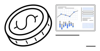 Üzerinde dolar sembolü olan madeni para çubuk ve çizgi grafiklerini gösteren gösterge panelinin yanında. Finansal analiz, yatırım stratejileri, piyasa araştırmaları, ekonomik raporlar ve iş dünyası için ideal