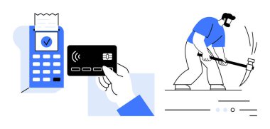 Faturalı ödeme terminali, bağlantısız kredi kartı ve kazmalı kişi. Fintech, dijital işlemler, temassız ödemeler, güvenlik, madencilik endüstrisi, iş temaları için ideal