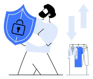 Kalkan tutan bir adam, kilitli giysileri yukarı ve aşağı oklarla askıda tutuyor. Siber güvenlik, veri koruması, çevrimiçi mahremiyet, perakende güvenlik, e-ticaret güvenliği, kişisel veriler, bilgi