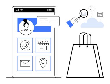 Alışveriş uygulaması simgelerini gösteren akıllı telefon arayüzü, kullanıcı sohbet balonu, veri analiz eden büyüteç arayüzü ve alışveriş torbası. E-ticaret, mobil uygulamalar, perakende, müşteri hizmetleri, analitik için ideal