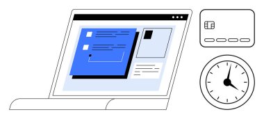 Bir dizüstü bilgisayar, kredi kartı ve saatin mali verileri online bankacılık ve zaman verimliliğini sembolize ediyor. Teknoloji, finans, üretkenlik, bankacılık, işletme işlemleri, zaman yönetimi dijital için ideal