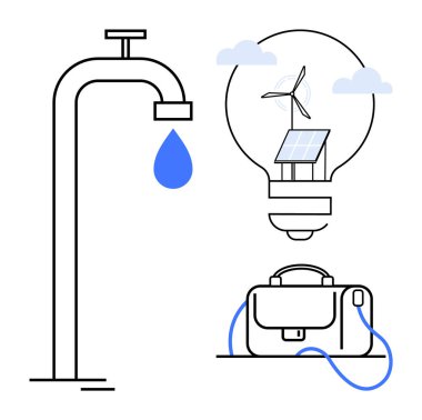 Su damlasıyla musluk, rüzgar türbini ve güneş paneli içeren ampul şarj kablolu çanta. Sürdürülebilirlik, yenilenebilir enerji, su tasarrufu, teknoloji ve yenilik için ideal