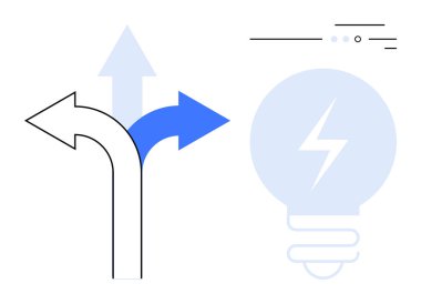Yıldırım sembollü bir ampul simgesinin yanında farklı yönlere bakan oklar. Karar verme, yaratıcılık, yenilik, beyin fırtınası, strateji, problem çözme, yön