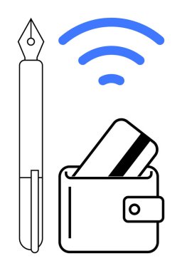 Dolma kalem, kredi kartlı cüzdan ve kablosuz sembol. Dijital işlemler için ideal, finans teknolojisi, temassız ödemeler, iş, e-ticaret güvenliği fütüristik temalar. Satır metaforu